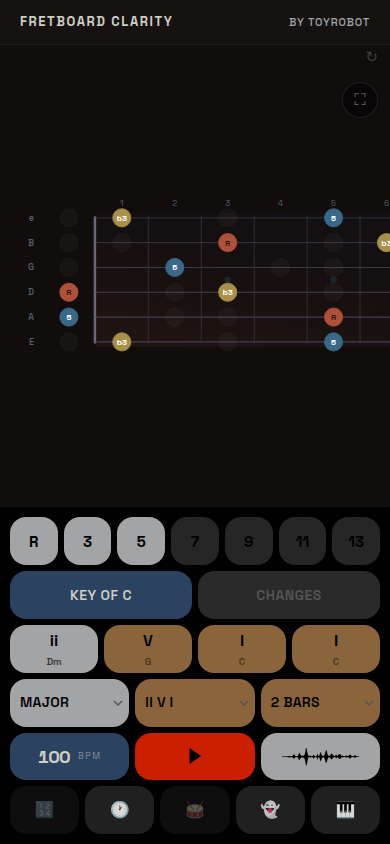 Fretboard Clarity on mobile — C major ii-V-I, Dm triad across the fretboard