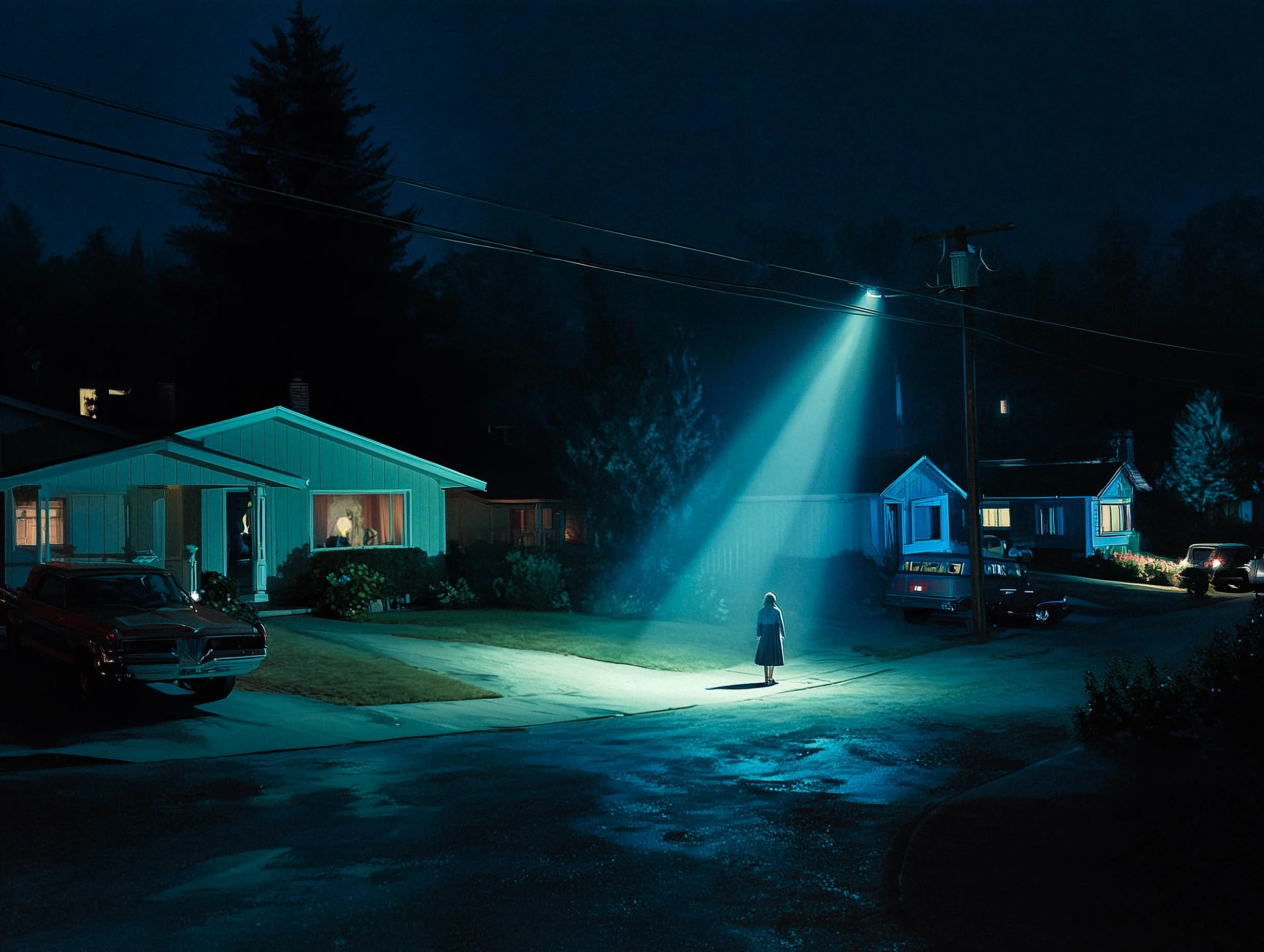 Tight spotlight beam on a suburban street at night, one figure lit in a cone of light, deep darkness around