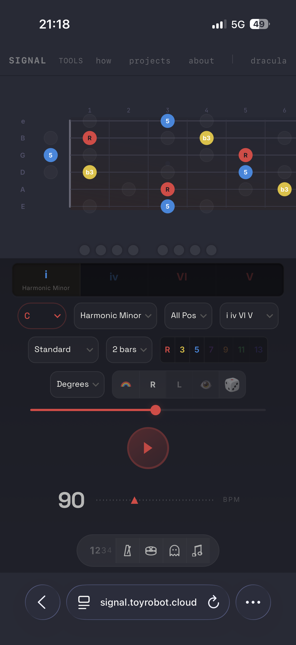 Harmonic Minor i-iv-VI-V progression in dracula theme with Scotty West colours on mobile