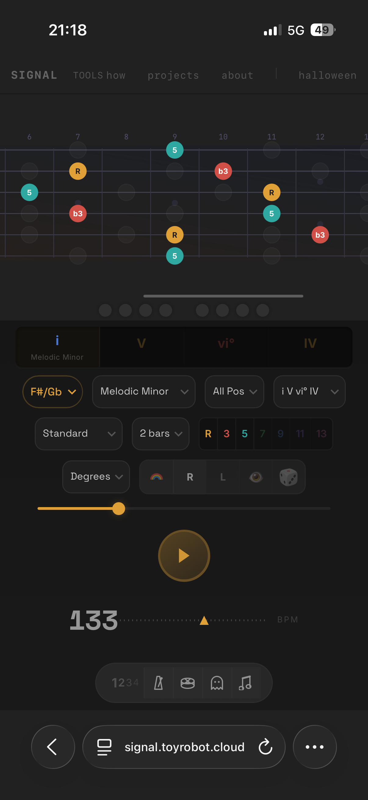 Melodic Minor I-V-vii-IV progression in halloween theme at 133 BPM on mobile